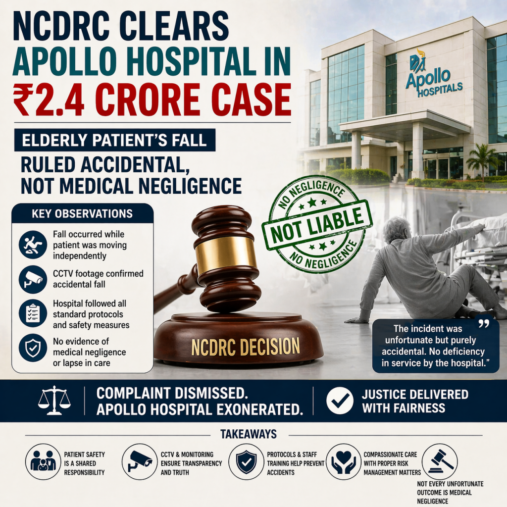 NCDRC Clears Apollo Hospital in ₹2.4 Crore Case: Elderly Patient’s Fall Ruled Accidental, Not Medical Negligence