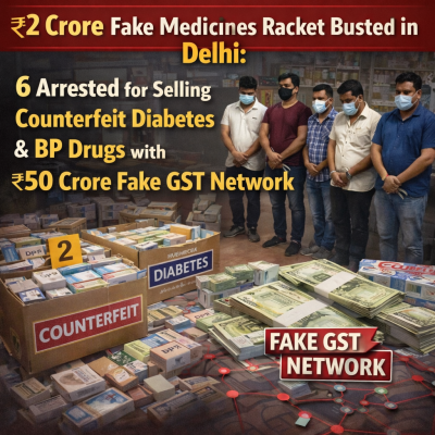 ₹2 Crore Fake Medicines Racket Busted in Delhi,6 Arrested for Selling Counterfeit Diabetes & BP Drugs with ₹50 Crore Fake GST Network